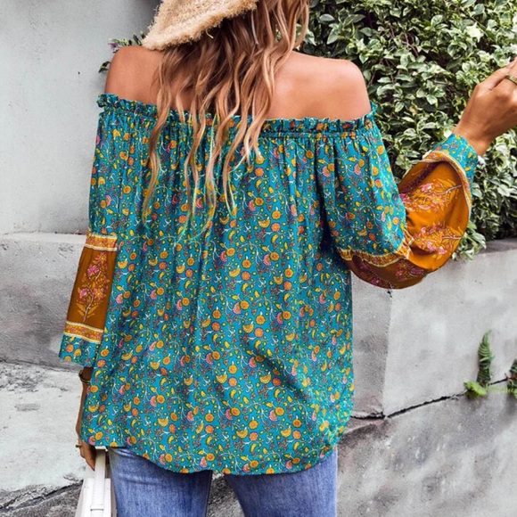 Bohemian Teal Green Floral Print Off Shoulder Top S M L XL - Picture 2 of 4